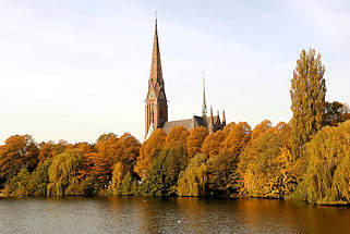 0061 Herbstbume am Ufer des Kuhmhlenteichs in Hamburg Uhlenhorst - herbstlich gefrbte Bltter - Kirchturm der St. Gertrudenkirche.